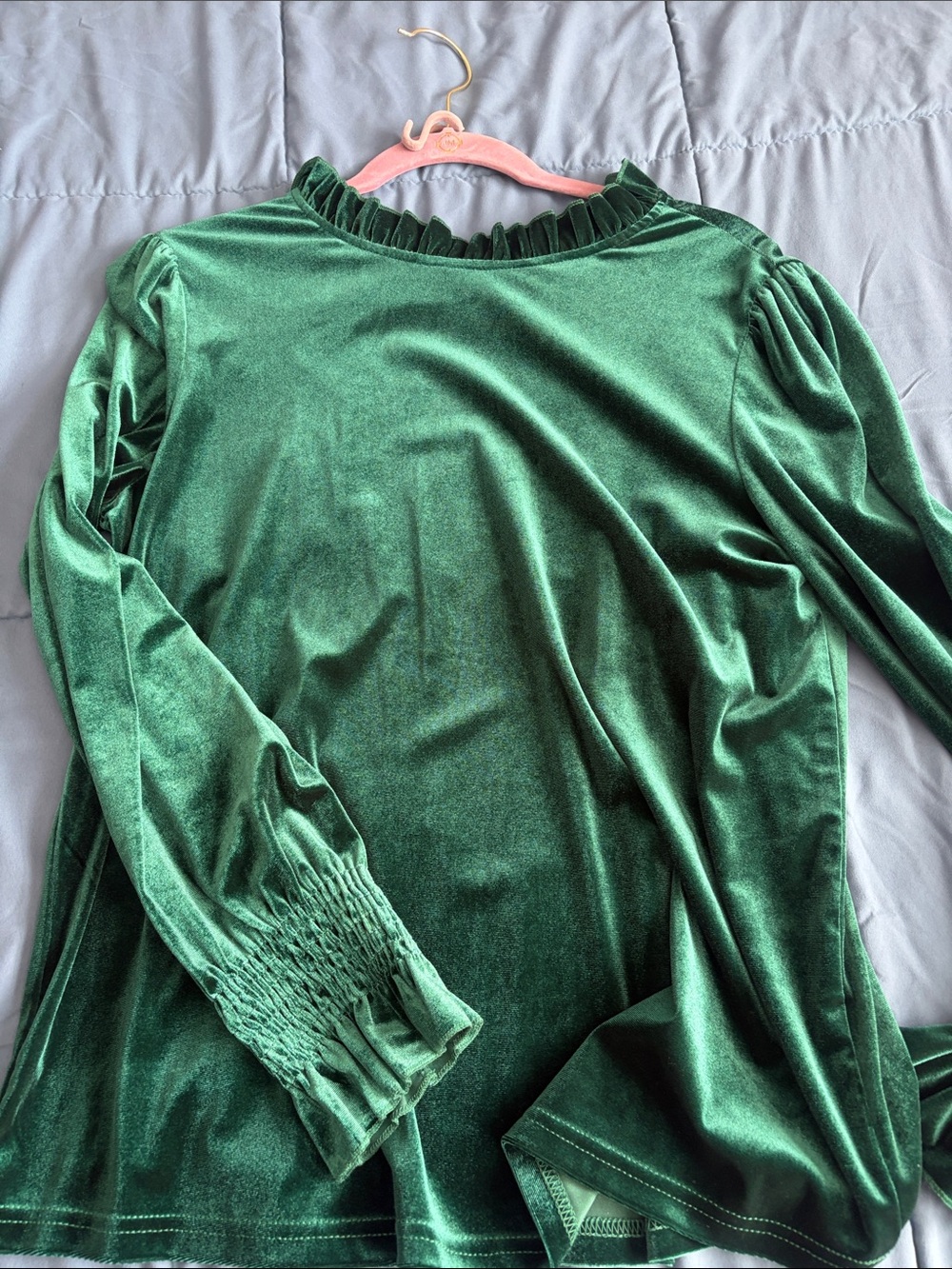 SHEIN Emerald Green Velvet Ruffle-Neck Long Sleeve Blouse